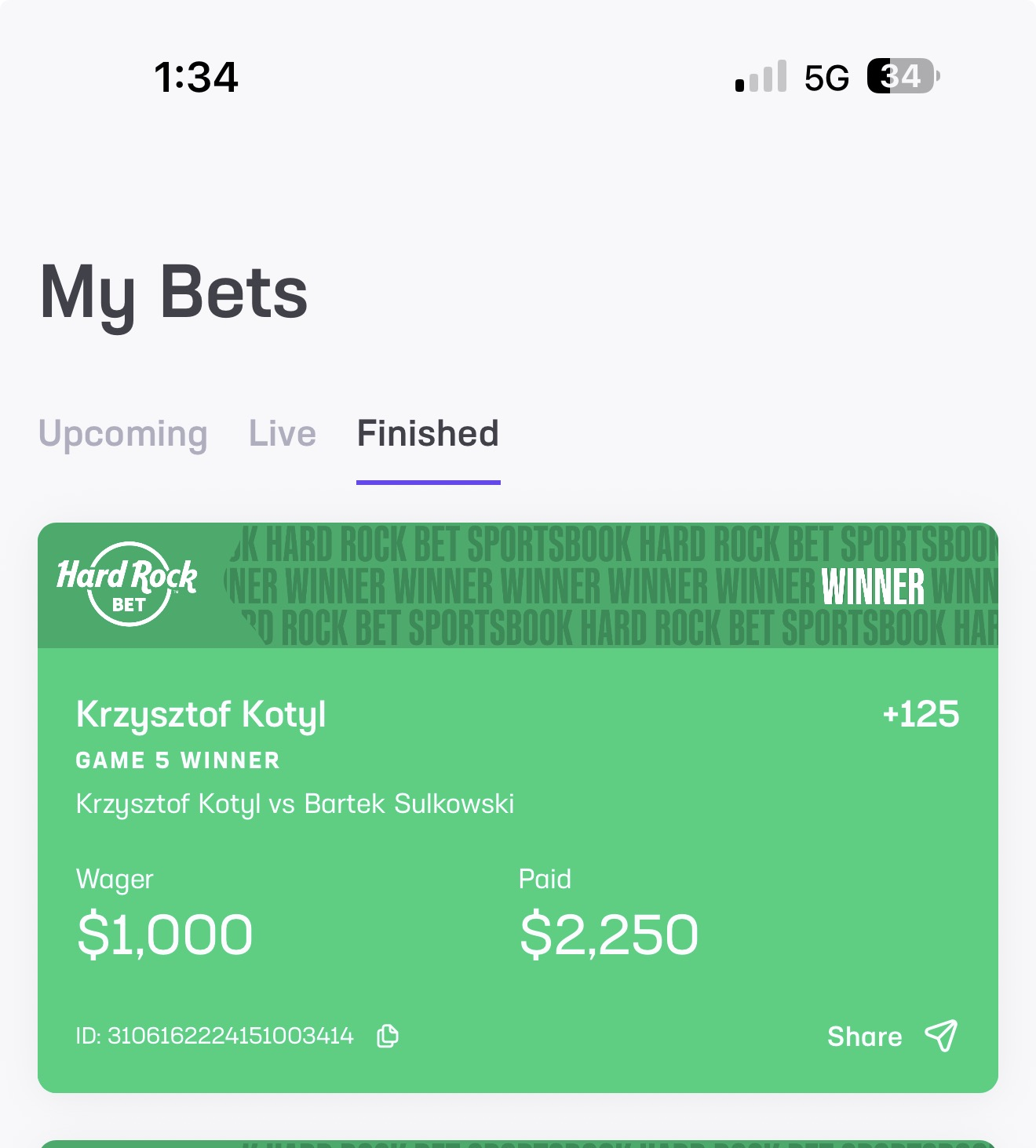 Hard Rock winning slip, $1,000 paid $2,250