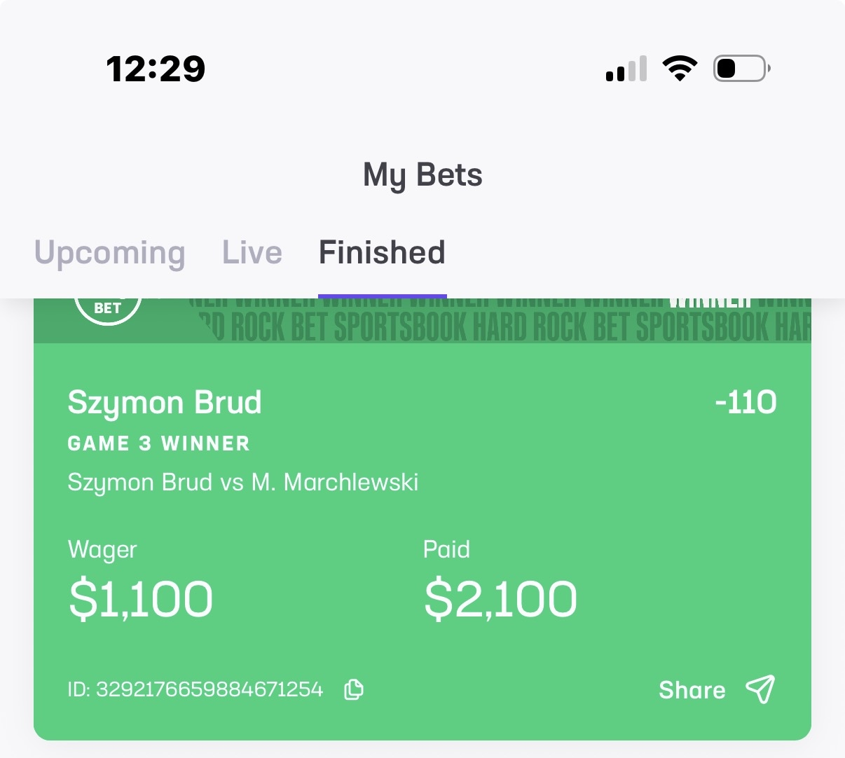 Hard Rock winning slip, $1,100 paid $2,100